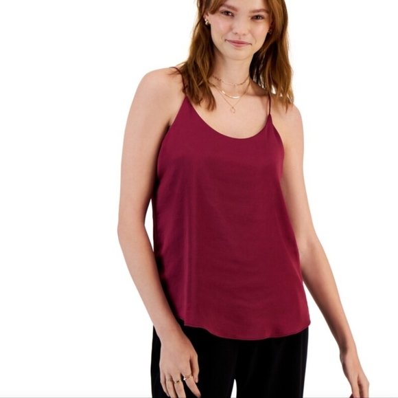 Bar III burgundy satin loose fitting scoop neck camisole thin strap tank top - Picture 1 of 8